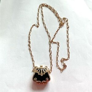 Vintage Miniature Purse Pendant,Black Enamel and Pave Rhinestone Necklace